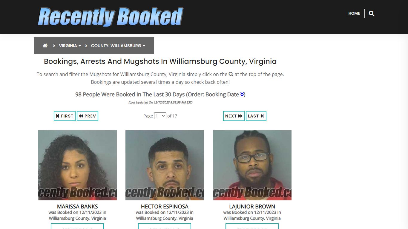 Bookings, Arrests and Mugshots in Williamsburg County, Virginia